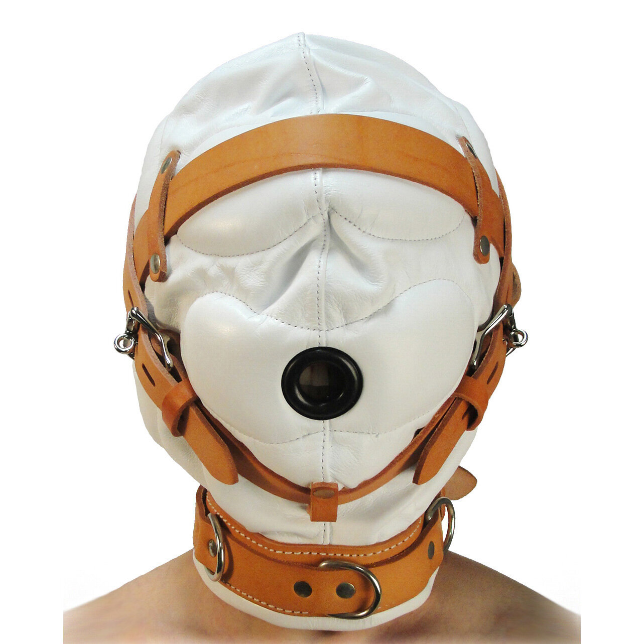 Total Sensory Deprivation White Leather Hood – MediumLarge